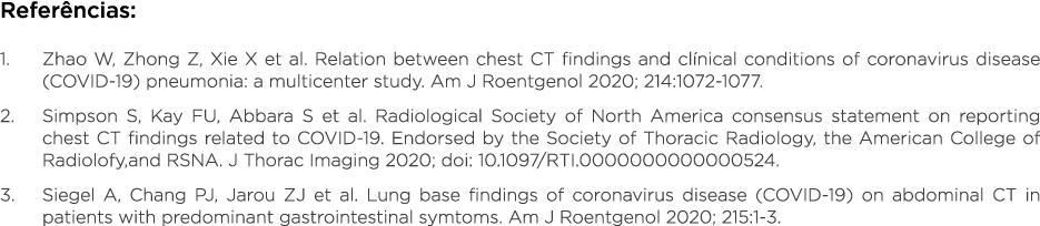Referências: 1  Zhao W, Zhong Z, Xie X et al  Relation between chest CT findings and clínical conditions of coronavir   