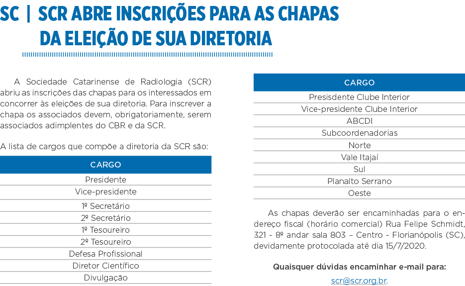 SC   SCR abre inscrições para as chapas da eleição de sua diretoria A Sociedade Catarinense de Radiologia (SCR) abriu   