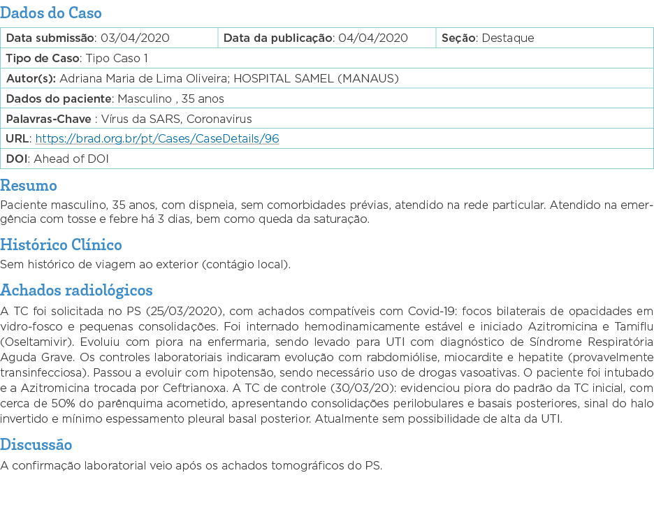 Dados do Caso   Resumo Paciente masculino, 35 anos, com dispneia, sem comorbidades prévias, atendido na rede particul   