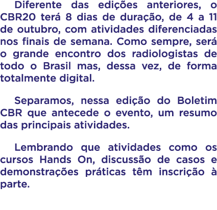 Diferente das edições anteriores, o CBR20 terá 8 dias de duração, de 4 a 11 de outubro, com atividades diferenciadas    