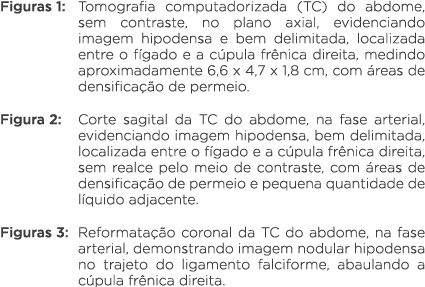 Figuras 1: Tomografia computadorizada (TC) do abdome, sem contraste, no plano axial, evidenciando imagem hipodensa e    