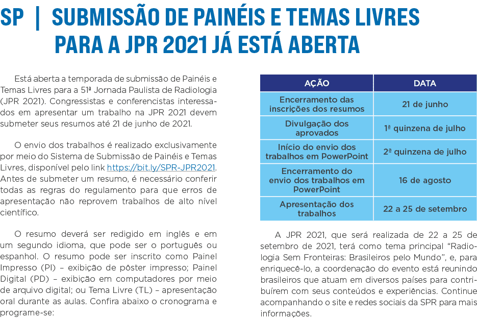 SP   Submissão de Painéis e Temas Livres para a JPR 2021 já está aberta Está aberta a temporada de submissão de Painé   
