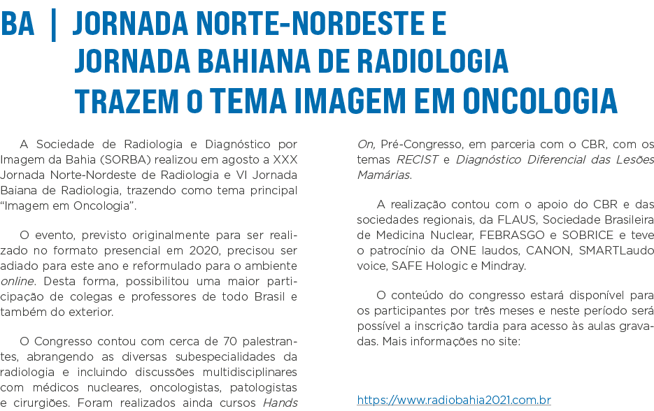BA   Jornada Norte-Nordeste e Jornada Bahiana de Radiologia trazem o tema Imagem em Oncologia A Sociedade de Radiolog   