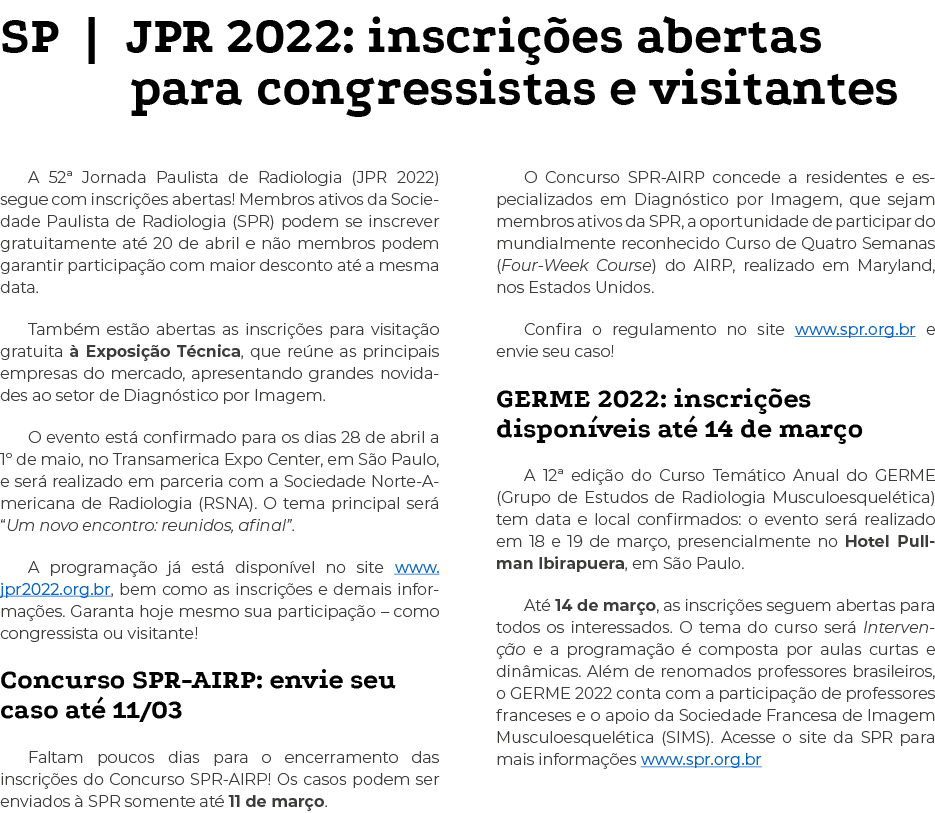 SP   JPR 2022: inscrições abertas para congressistas e visitantes A 52  Jornada Paulista de Radiologia (JPR 2022) seg   