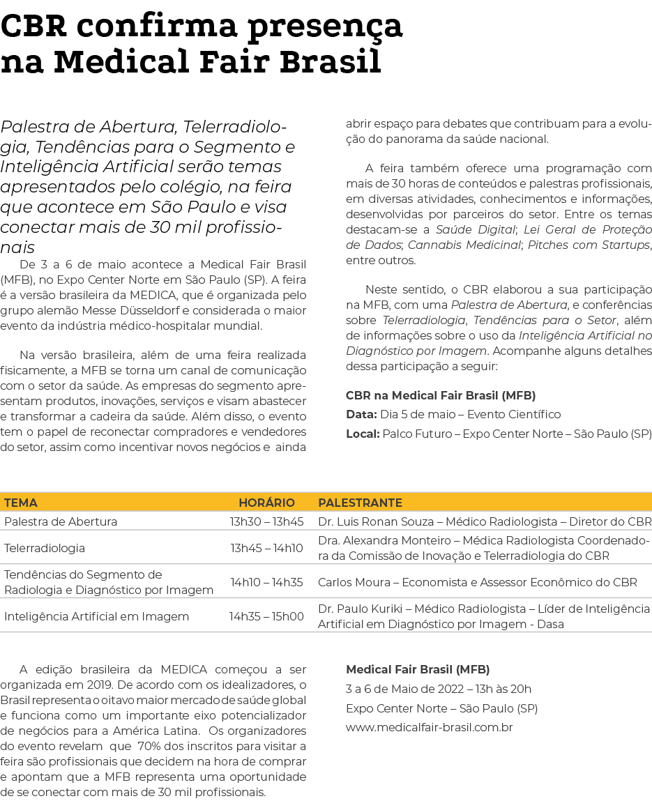 CBR confirma presença na Medical Fair Brasil Palestra de Abertura, Telerradiologia, Tendências para o Segmento e Inte   