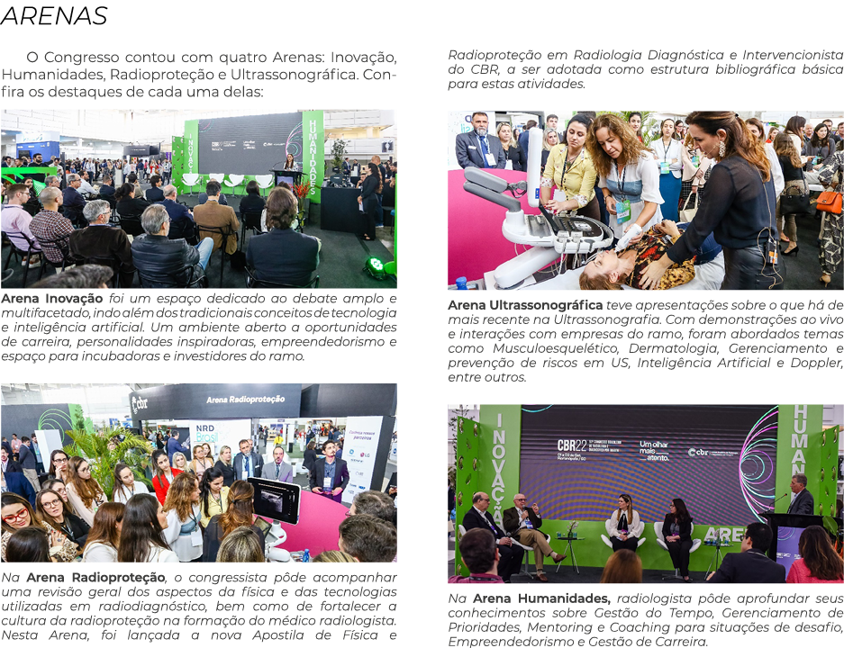 ARENAS O Congresso contou com quatro Arenas: Inova o, Humanidades, Radioprote  o e Ultrassonogr fica. Confira os des...