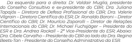 Da esquerda para a direita: Dr  Valdair Muglia, presidente do Conselho Consultivo e ex-presidente do CBR; Dra  Julian   