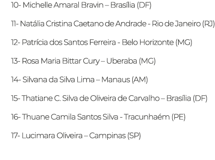 10- Michelle Amaral Bravin   Brasília (DF) 11- Natália Cristina Caetano de Andrade - Rio de Janeiro (RJ) 12- Patrícia   