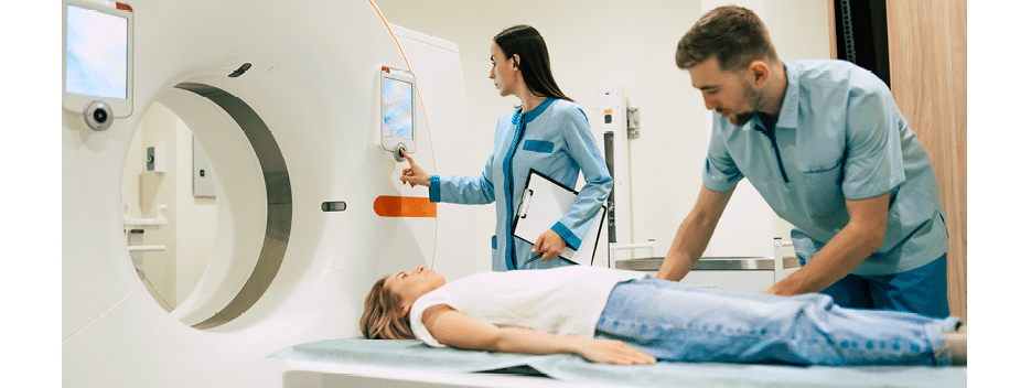 Professional Doctor Radiologist In Medical Laboratory Controls magnetic resonance imaging or computed tomography or PET Scan with Female Patient Undergoing Procedure 
