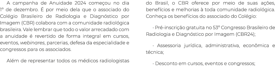 A campanha de Anuidade 2024 come ou no dia 1º de dezembro.  por meio dela que o associado do Col gio Brasileiro de R...