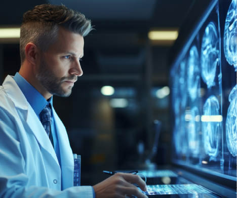 Doctor looking at x-ray image of brain head in a hospital.
