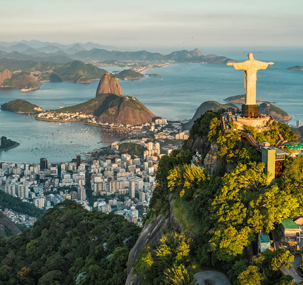 RIO DE JANEIRO, BRAZIL - FEBRUARY 2016: Aerial view of Christ and Botafogo Bay from high angle 