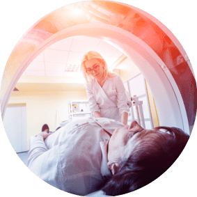 Doctor and patient in the room of computed tomography at hospital  Medical equipment 