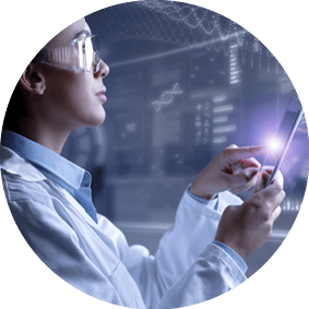 Woman doctor using tablet computer to display and analyse processing patient data on futuristic virtual interface screen 