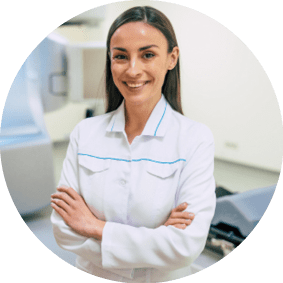 Cancer treatment in a modern medical private clinic or hospital with a linear accelerator  Professional doctors team working while the woman is undergoing radiation therapy for cancer