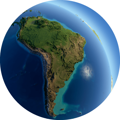 A fragment of the Earth with high relief, detailed surface, translucent ocean and atmosphere, illuminated by sunlight