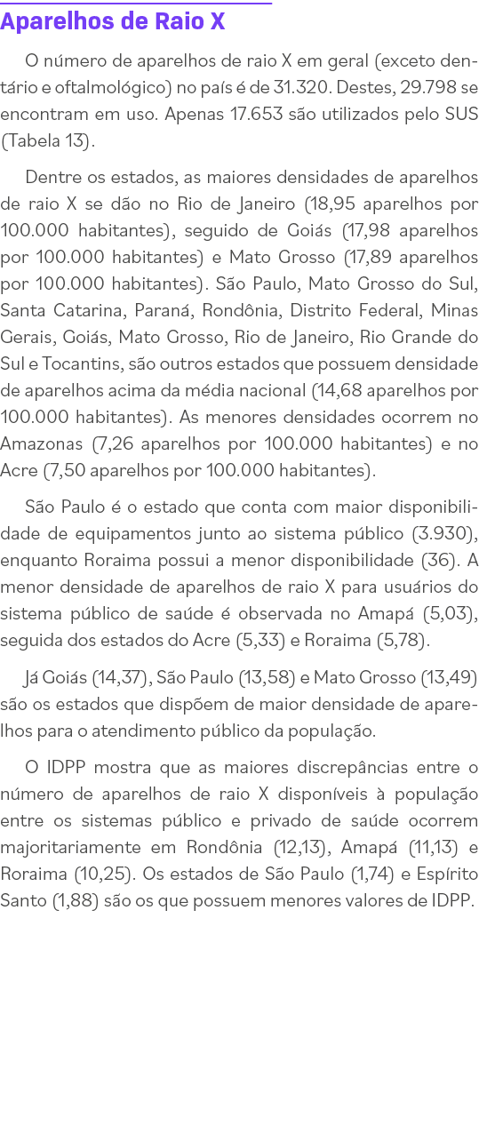 Aparelhos de Raio X O número de aparelhos de raio X em geral (exceto dentário e oftalmológico) no país é de 31 320  D   
