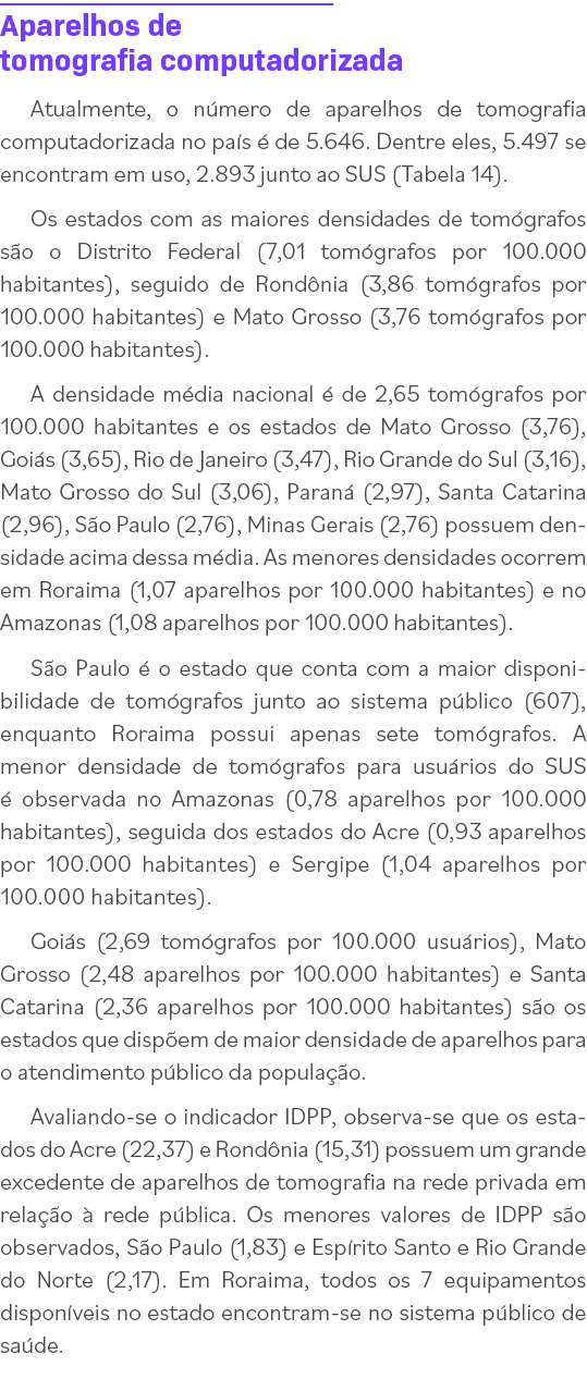 Aparelhos de tomografia computadorizada Atualmente, o número de aparelhos de tomografia computadorizada no país é de    