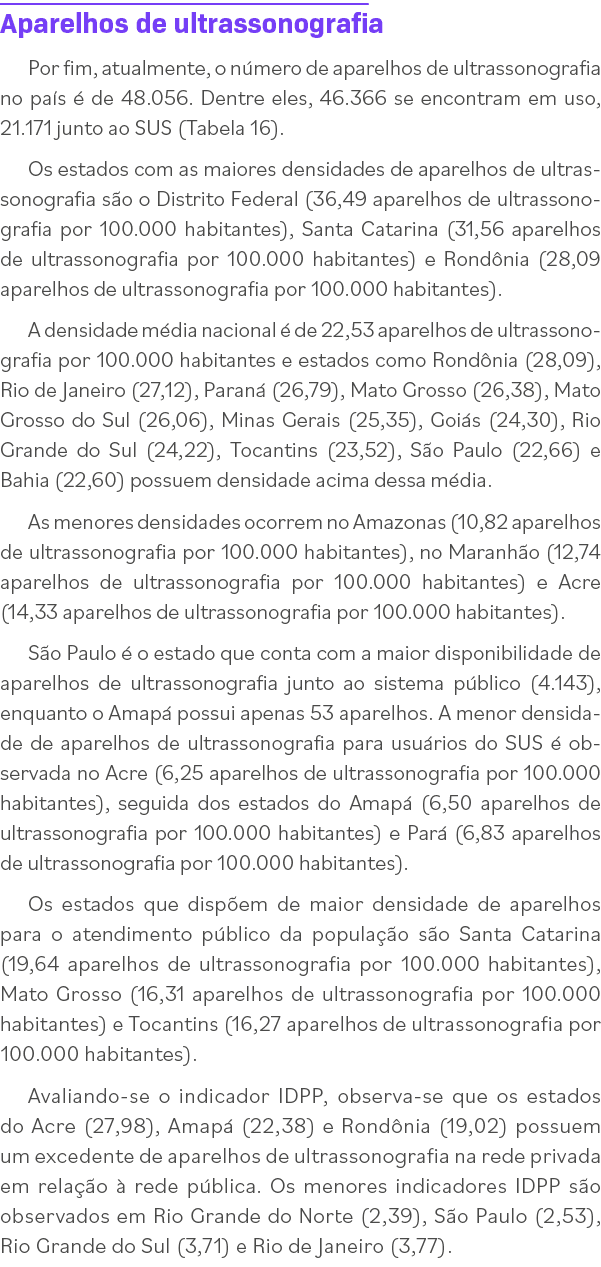 Aparelhos de ultrassonografia Por fim, atualmente, o número de aparelhos de ultrassonografia no país é de 48 056  Den   