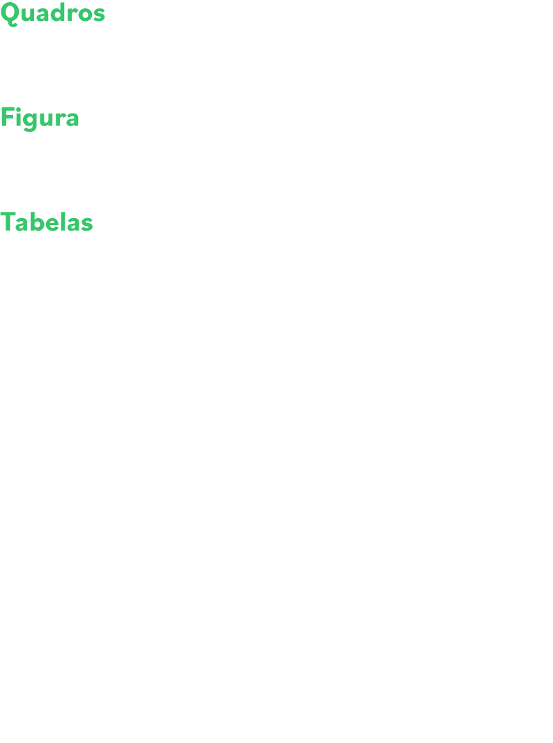 Quadros Quadro 1 17 Figura Figura 1 30 Tabelas Tabela 1 26 Tabela 2 27 Tabela 3 28 Tabela 4 31 Tabela 5 32 Tabela 6 3   