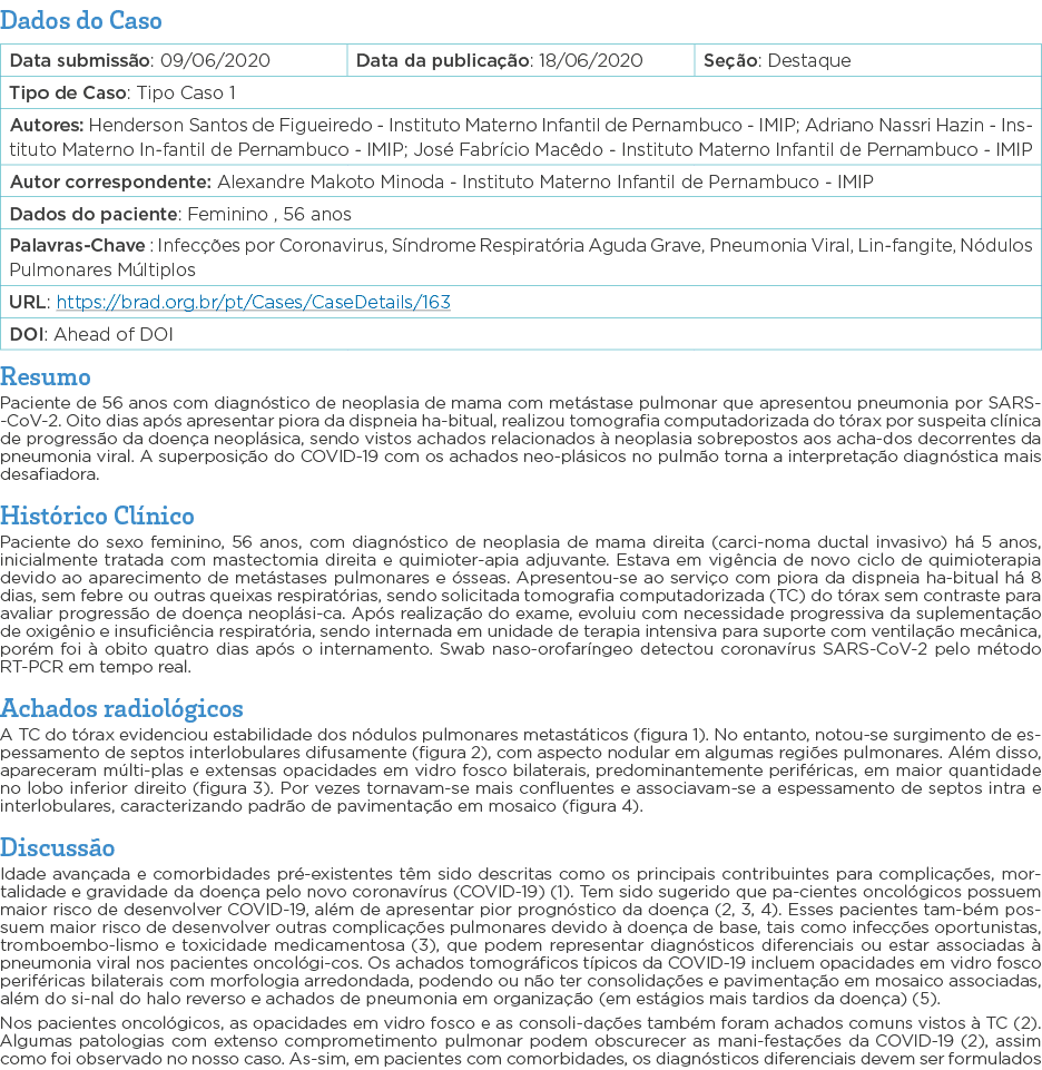 Dados do Caso   Resumo Paciente de 56 anos com diagnóstico de neoplasia de mama com metástase pulmonar que apresentou   