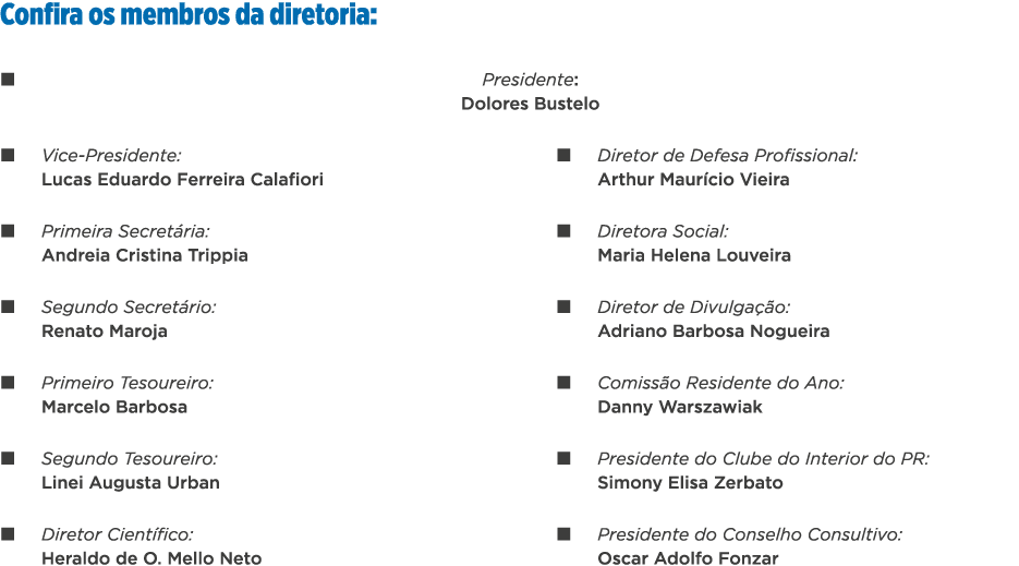 Confira os membros da diretoria:   Presidente: Dolores Bustelo   Vice-Presidente: Lucas Eduardo Ferreira Calafiori      