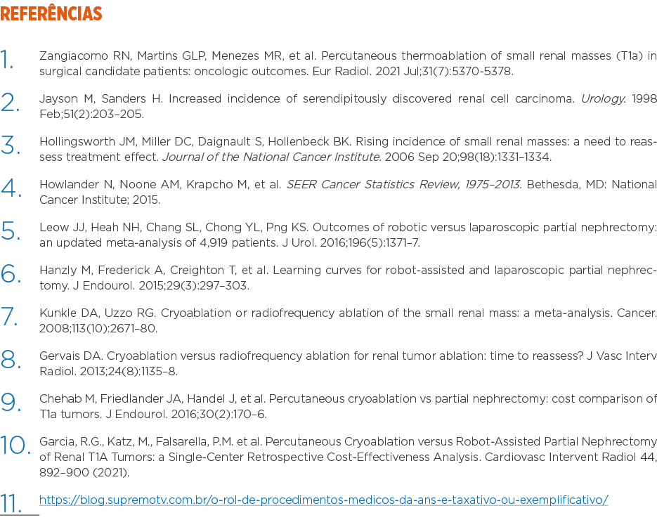 REFERÊNCIAS 1  Zangiacomo RN, Martins GLP, Menezes MR, et al  Percutaneous thermoablation of small renal masses (T1a)   