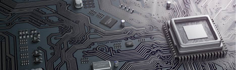 CPU chip on circuit board. Black motherboard with central processor chip. Computer hardware tecnology. 3d illustration