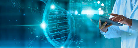 Medicine doctor touching electronic medical record on tablet. DNA. Digital healthcare and network connection on hologram modern virtual screen interface, medical technology and network concept.