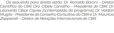 Da esquerda para direita est o: Dr. Ronaldo Baroni – Diretor Cient fico do CBR; Dra. Cibele Carvalho – Presidente do ...
