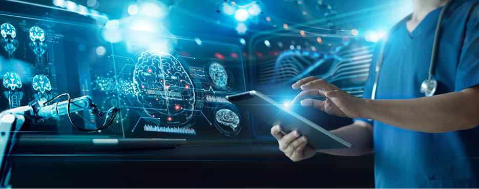 Healthcare and medical, Doctor and robotics research diagnose Human brains scan. Record and report with modern virtual interface, alzheimer's and parkinson, science, Innovation and Medical technology