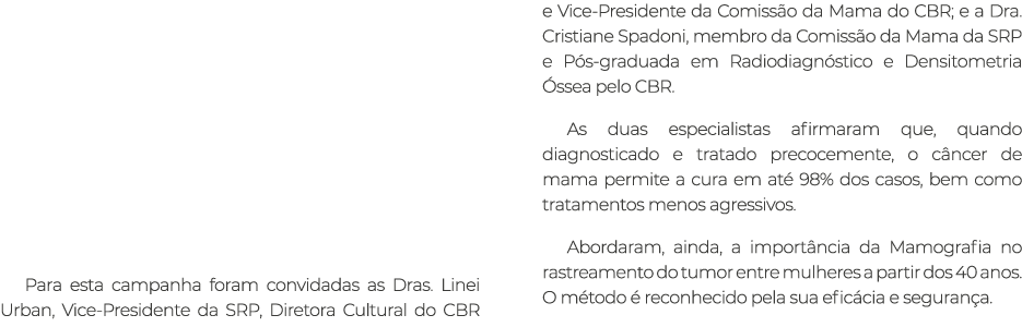Para esta campanha foram convidadas as Dras. Linei Urban, Vice-Presidente da SRP, Diretora Cultural do CBR e Vice-Pre...