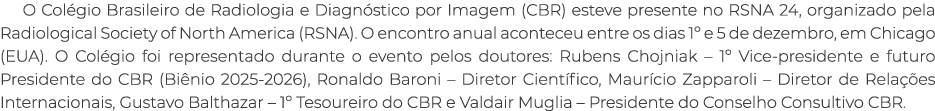 O Col gio Brasileiro de Radiologia e Diagn stico por Imagem (CBR) esteve presente no RSNA 24, organizado pela Radiolo...