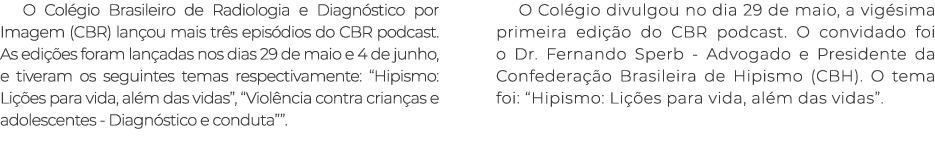 O Col gio Brasileiro de Radiologia e Diagn stico por Imagem (CBR) lan ou mais tr s epis dios do CBR podcast. As edi ...