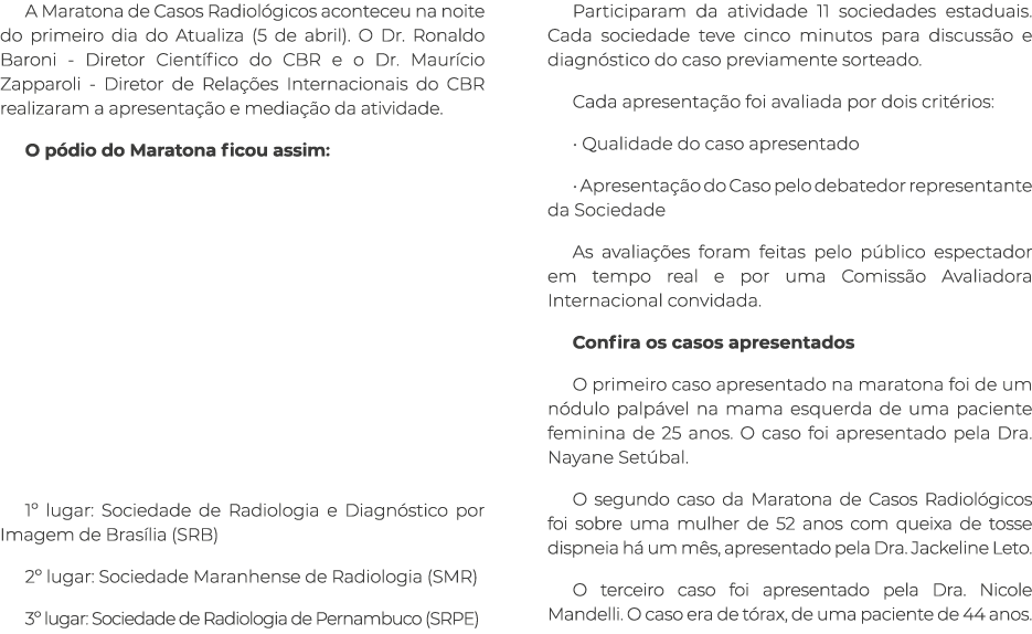 A Maratona de Casos Radiol gicos aconteceu na noite do primeiro dia do Atualiza (5 de abril). O Dr. Ronaldo Baroni - ...