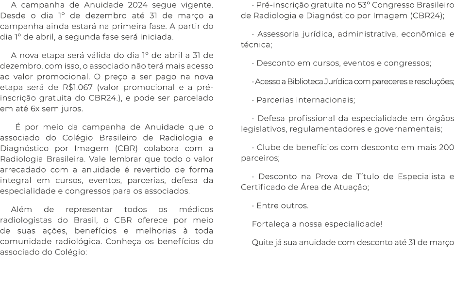 A campanha de Anuidade 2024 segue vigente. Desde o dia 1º de dezembro at 31 de mar o a campanha ainda estar  na prim...