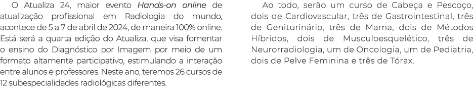 O Atualiza 24, maior evento Hands-on online de atualiza o profissional em Radiologia do mundo, acontece de 5 a 7 de ...