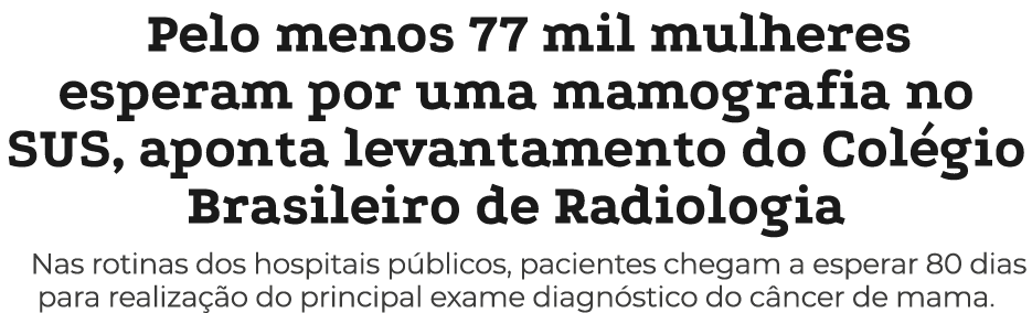 Pelo menos 77 mil mulheres esperam por uma mamografia no SUS, aponta levantamento do Col gio Brasileiro de Radiologia...