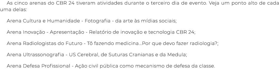 As cinco arenas do CBR 24 tiveram atividades durante o terceiro dia de evento. Veja um ponto alto de cada uma delas: ...