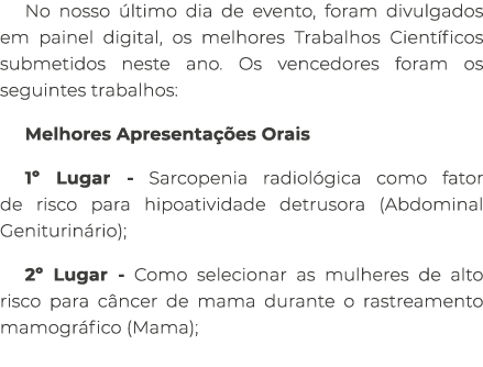 No nosso ltimo dia de evento, foram divulgados em painel digital, os melhores Trabalhos Cient ficos submetidos neste...