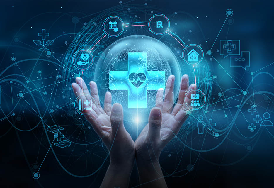 Healthcare. Hand man holding of global healthcare network connection, medicine data sharing patient care collaboration, artificial intelligence remote monitoring medical research improving treatment.