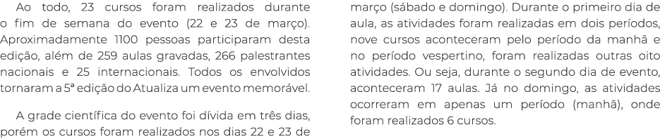 Ao todo, 23 cursos foram realizados durante o fim de semana do evento (22 e 23 de mar o). Aproximadamente 1100 pessoa...