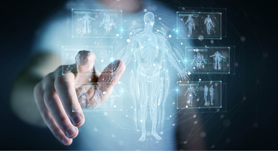 Man on dark background using digital x-ray human body holographic scan projection 3D rendering