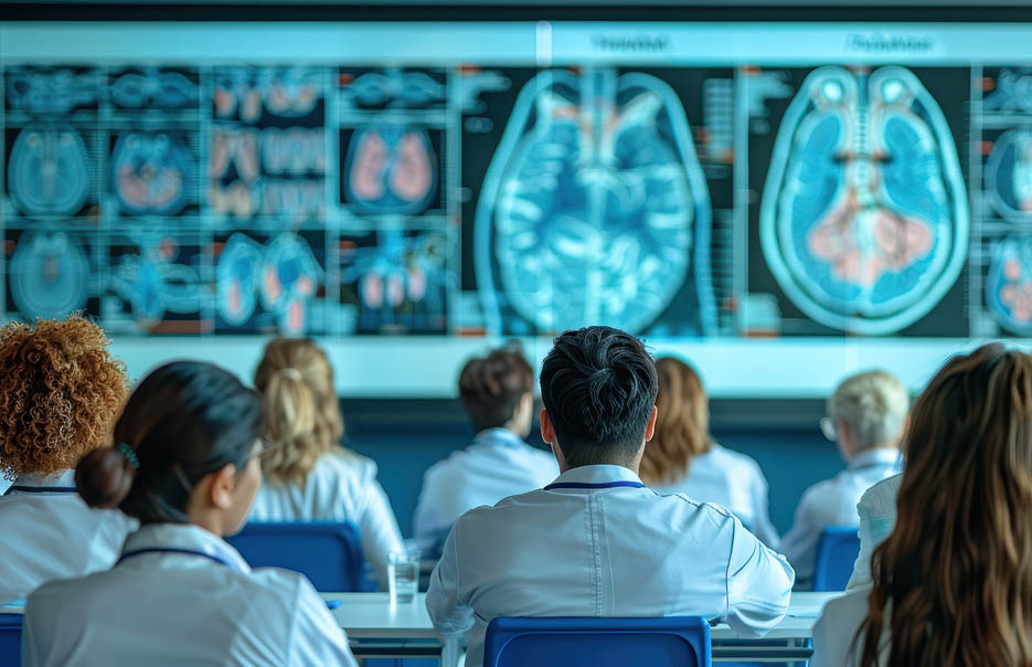 students, lecture, radiology, brain, imaging, medical, professionals, neurological, educational, setting, healthcare, diagnostics, learning, doctors, anatomy, presentation, technology, classroom, study, medicine, graphics, MRI, audience, knowledge, training, academic, education, science, biology, hospital