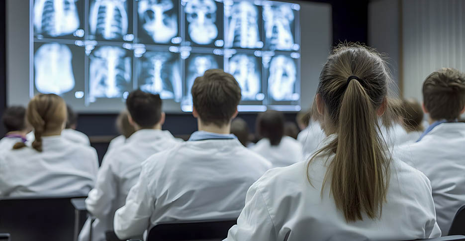 A group of medical professionals attending a lecture on radiology, focusing on X-ray images displayed on the screen, enhancing their learning in healthcare practices.