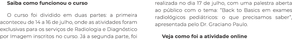 Saiba como funcionou o curso O curso foi dividido em duas partes: a primeira aconteceu de 14 a 16 de julho, onde as a...