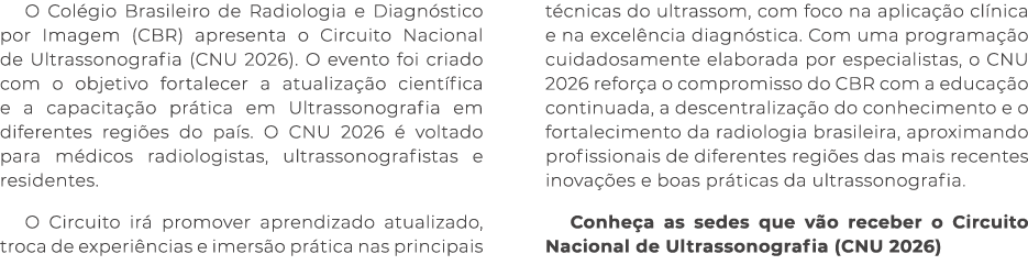 O Col gio Brasileiro de Radiologia e Diagn stico por Imagem (CBR) apresenta o Circuito Nacional de Ultrassonografia (...