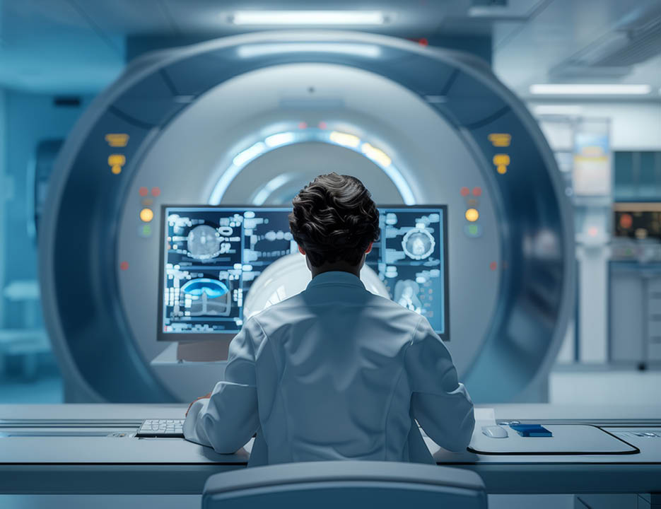 https://s.mj.run/Kug6ui7X4BE Create a highly detailed photorealistic image portraying a radiologist seated behind a computer monitor, analyzing a magnetic resonance imaging (MRI) scan as part of a patient examination. The perspective should be from behind the radiologist, with the background intentionally blurred to keep focus solely on the person. Ensure there is ample empty space in the image to accommodate text, high resolution, 16K, ultra-realistic, nickon 70-200mm f/2.8E --ar 16:9 --stylize 250 Job ID: b14a50f6-e828-4a1c-be34-fa2776ef8f9e