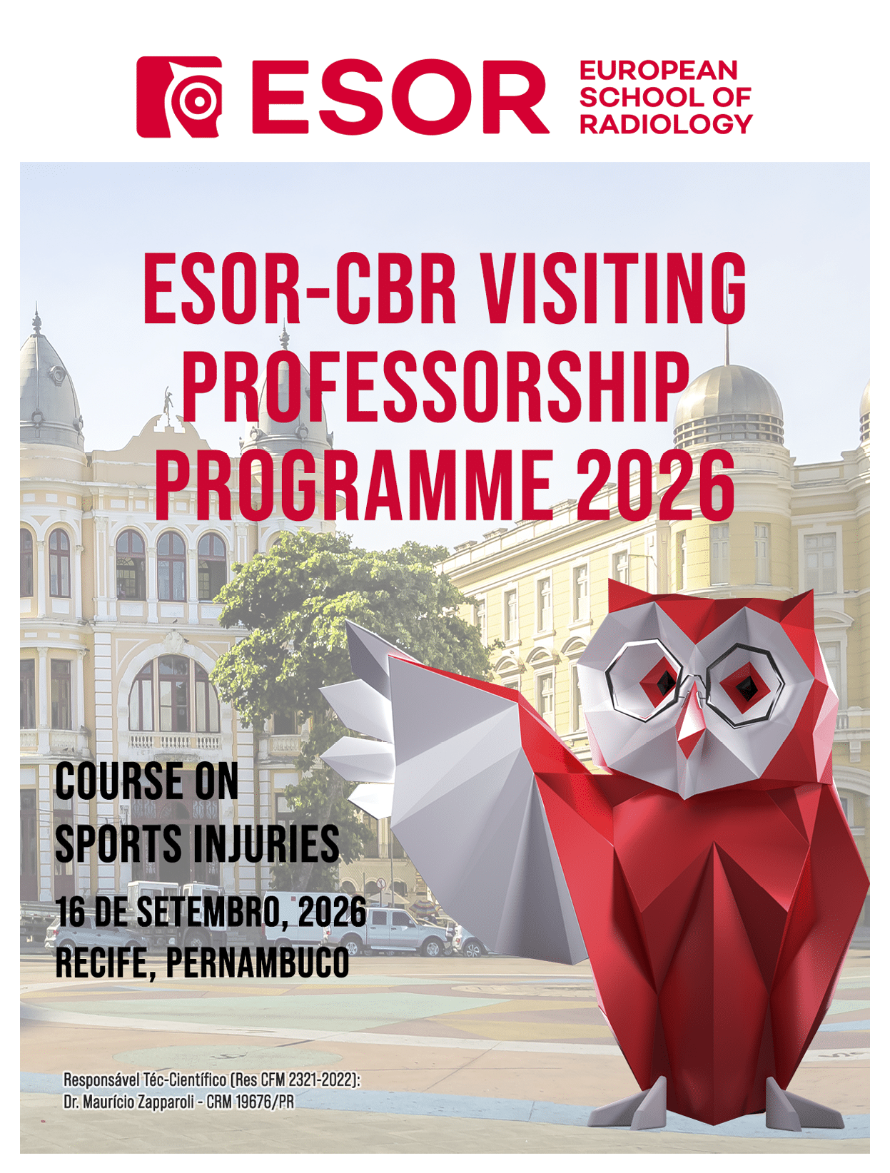 Cartaz do programa de professor visitante ESOR-CBR 2026 com tema sobre les es esportivas e imagem de coruja vermelha estilizada em fundo de edif cio hist rico. Descri  o gerada por IA