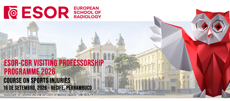 Logotipo da Escola Europeia de Radiologia com texto sobre programa de visita de professores em 2026 e uma ilustra o estilizada de uma coruja vermelha em frente a um edif cio hist rico em Recife, Pernambuco.  Descri  o gerada por IA